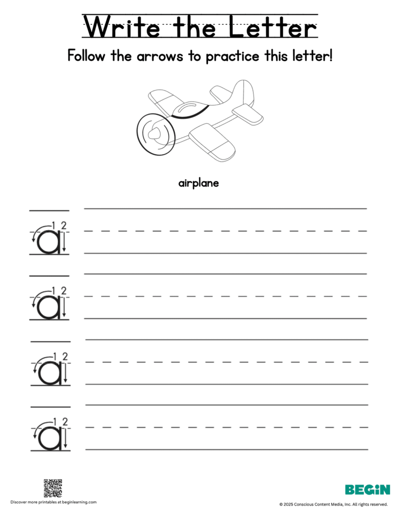 Alphabet handwriting worksheet with airplane illustration and practice lines