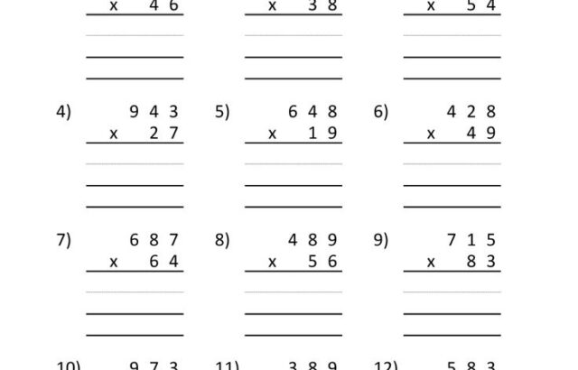 Multiplication worksheet with 3-digit by 2-digit problems