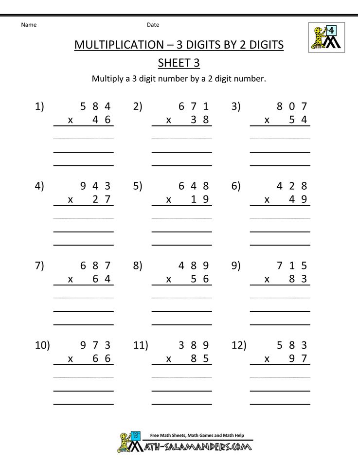 Multiplication worksheet with 3-digit by 2-digit problems