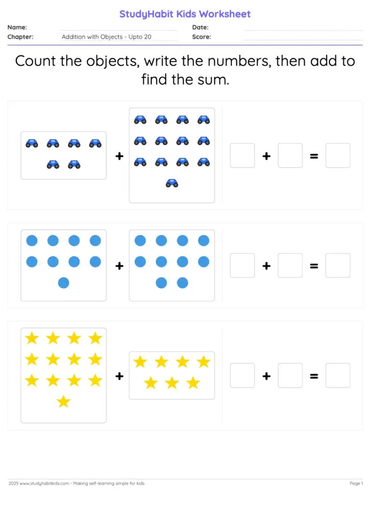 Kids worksheet with counting and addition problems