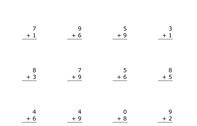 Single digit addition worksheet with twenty problems