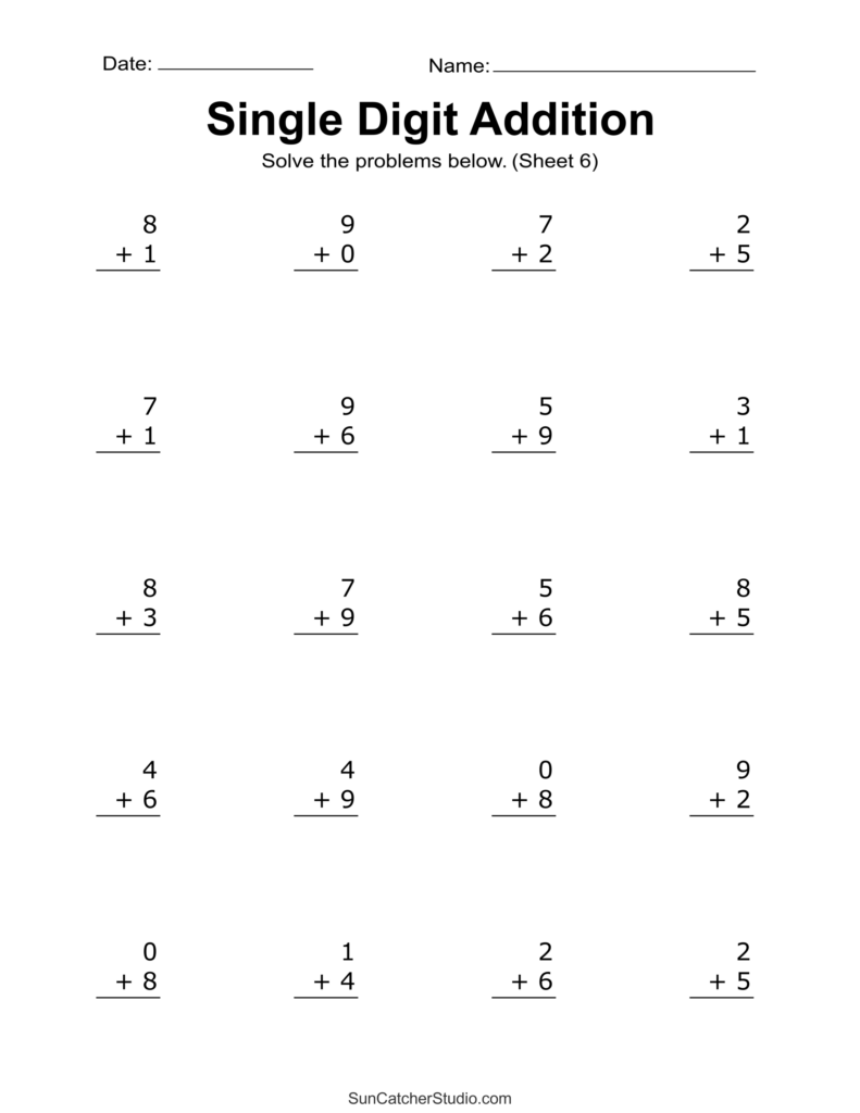 Single digit addition worksheet with twenty problems