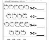 Apple subtraction worksheet with apple drawings and equations