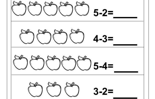 Apple subtraction worksheet with apple drawings and equations
