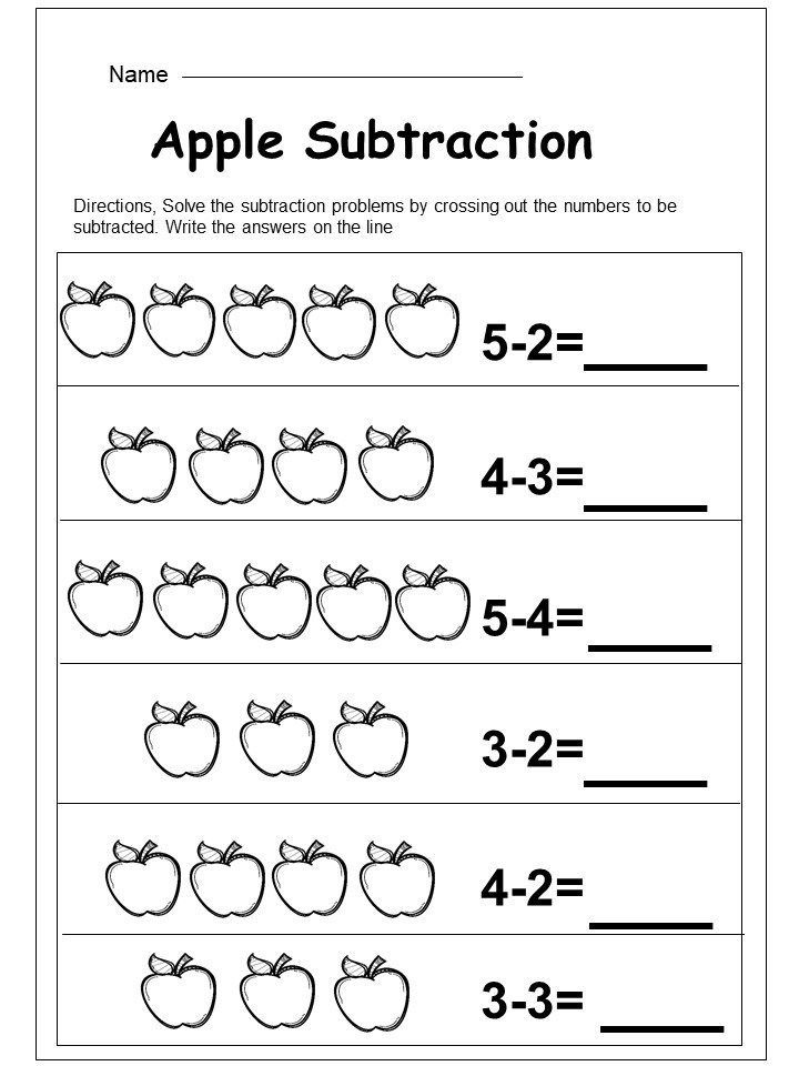 Apple subtraction worksheet with apple drawings and equations