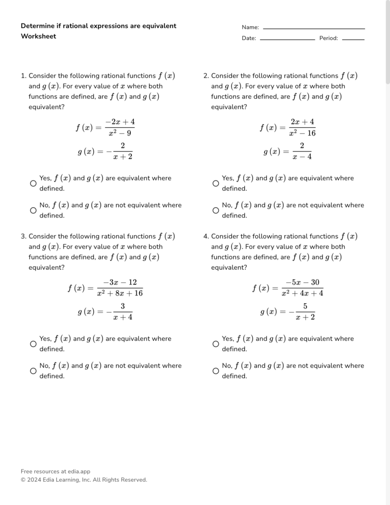 Math worksheet with rational expressions and answer choices