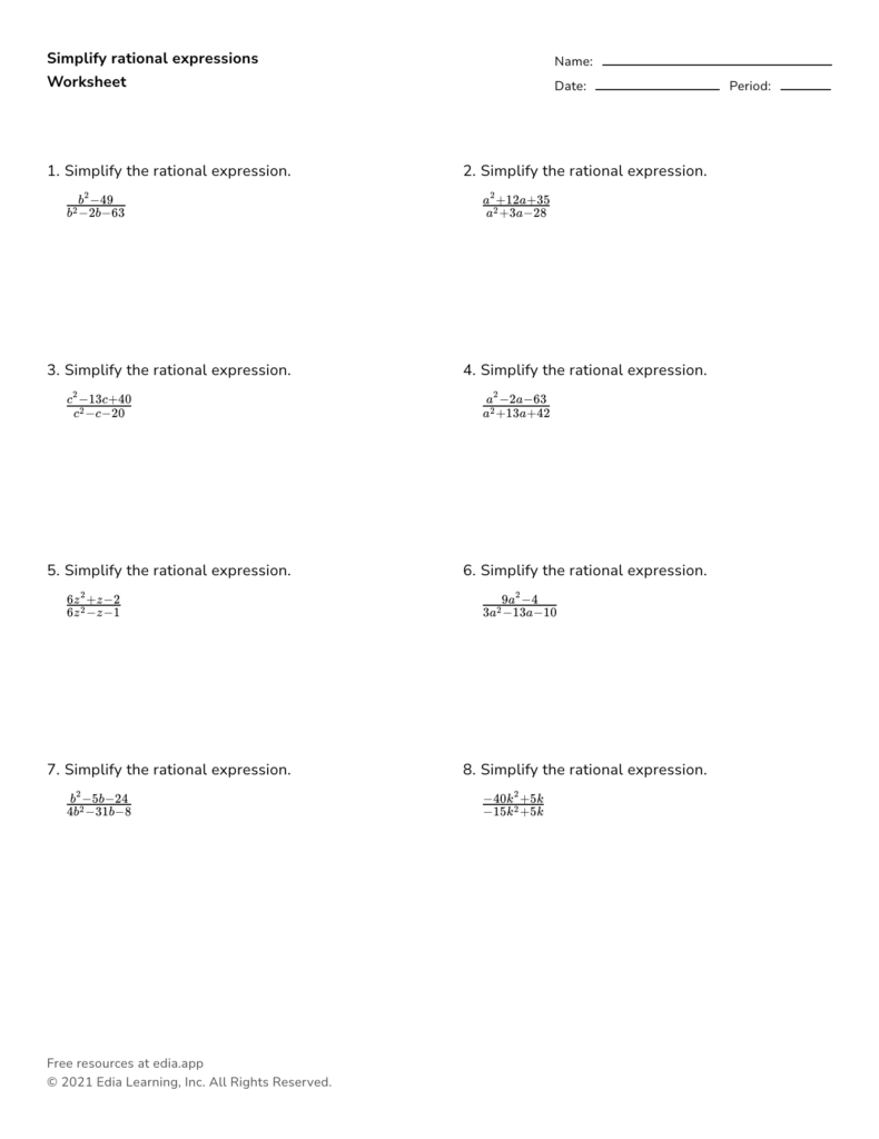 Simplify rational expressions worksheet with eight problems