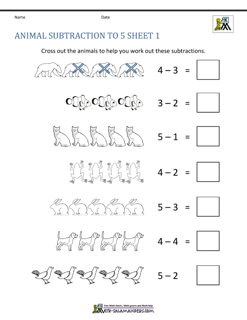 Animal subtraction worksheet with animals and equations