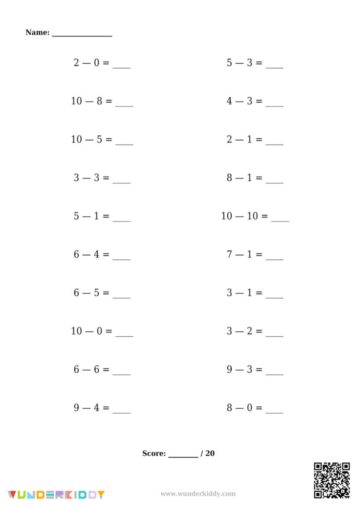 Blank subtraction worksheet with twenty problems and score line