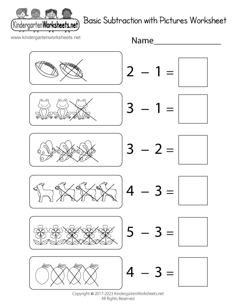 Kindergarten subtraction worksheet with pictures and blank boxes