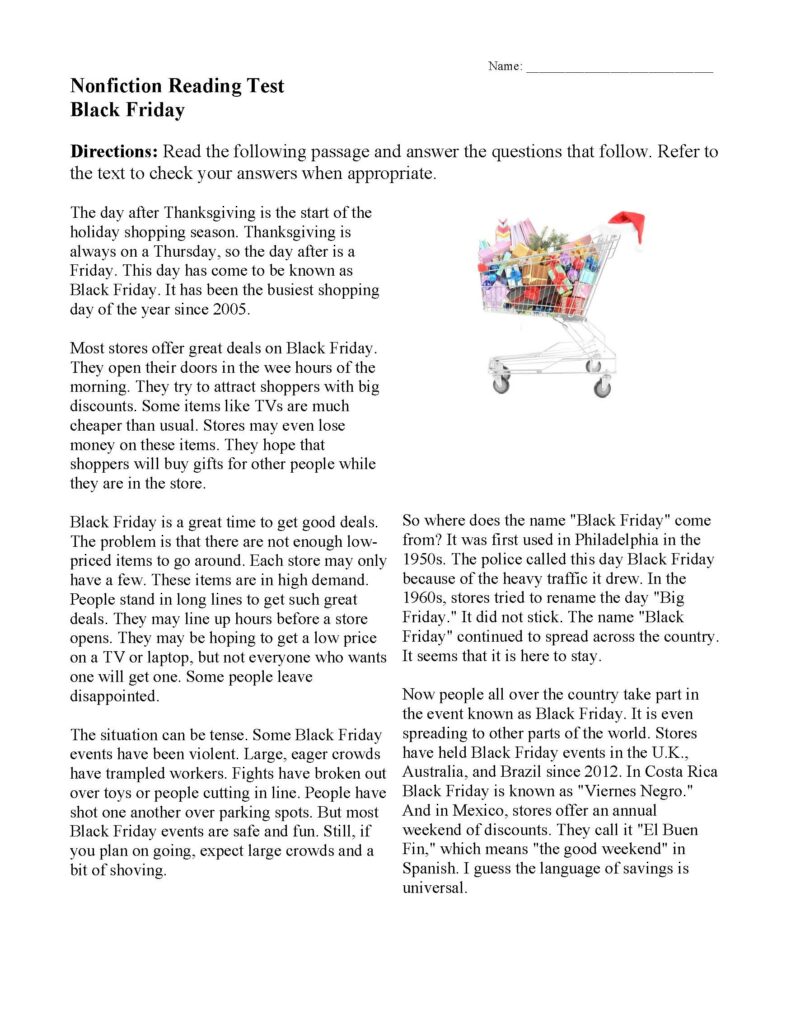 Black Friday nonfiction reading test worksheet page