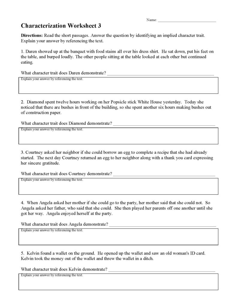 Characterization worksheet with five short passages and questions