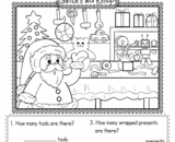 Santa's workshop counting worksheet with Santa and toys