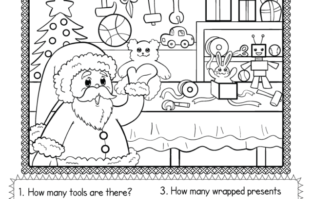 Santa's workshop counting worksheet with Santa and toys