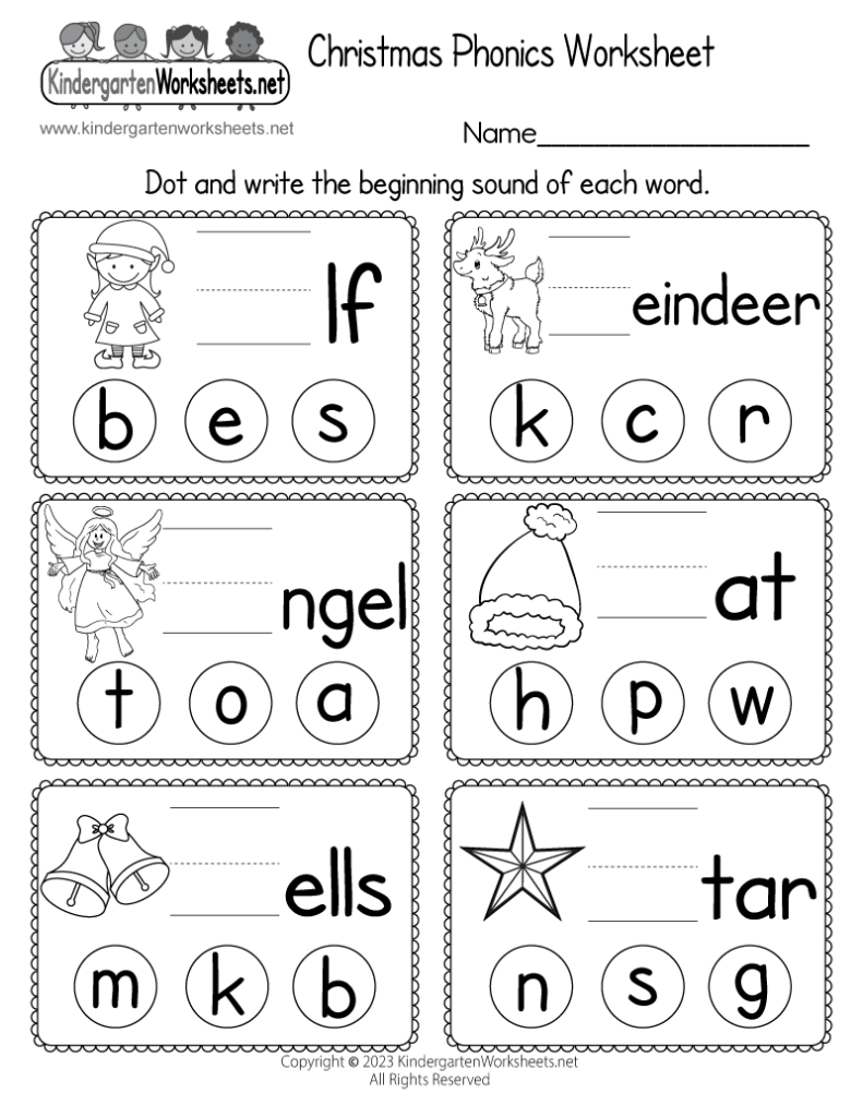 Christmas phonics worksheet with six picture-word boxes