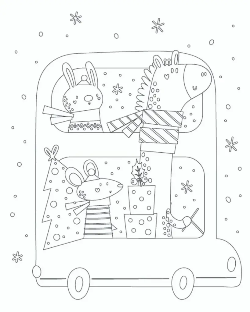 Line art of festive animals in a truck