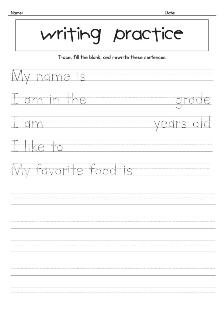 Handwriting practice worksheet with dotted sentences and lines