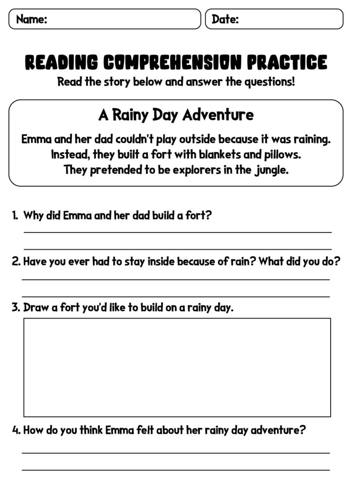 Reading comprehension worksheet about a rainy day adventure