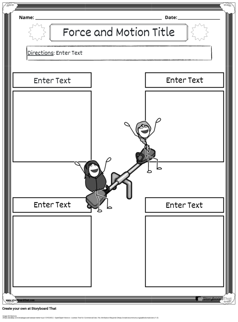 Black-and-white force and motion worksheet template with blank boxes