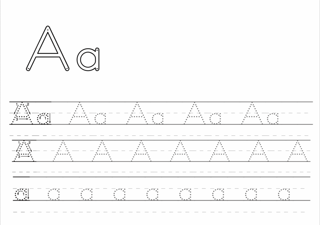 Alphabet tracing worksheet showing uppercase and lowercase A