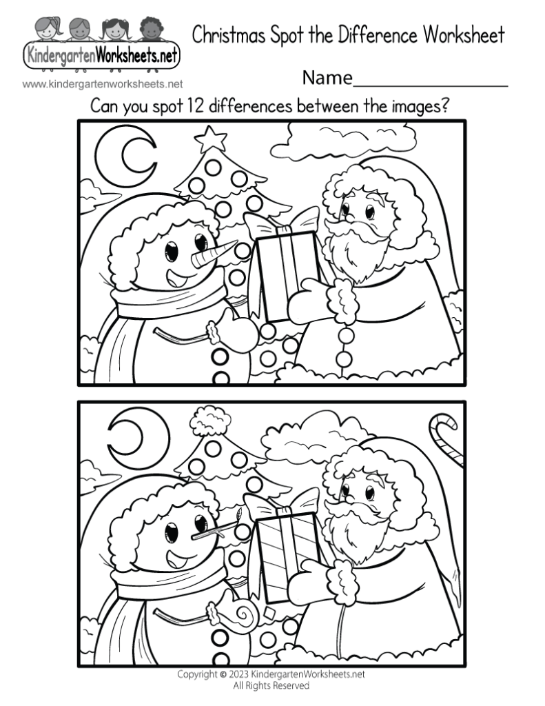 Christmas spot-the-difference worksheet with snowman and Santa pictures