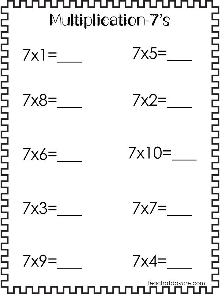 Multiplication sevens worksheet with blank answer lines