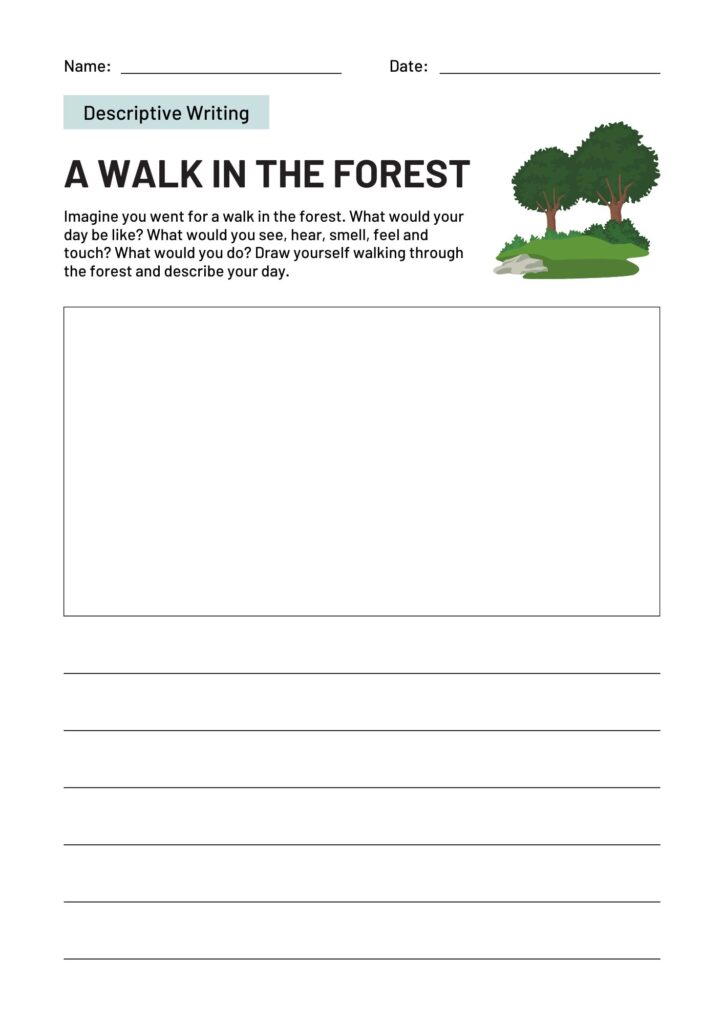 Descriptive writing worksheet titled A Walk in the Forest
