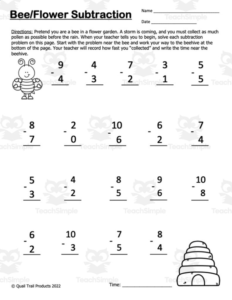 Bee/Flower subtraction worksheet with cartoon bee and beehive