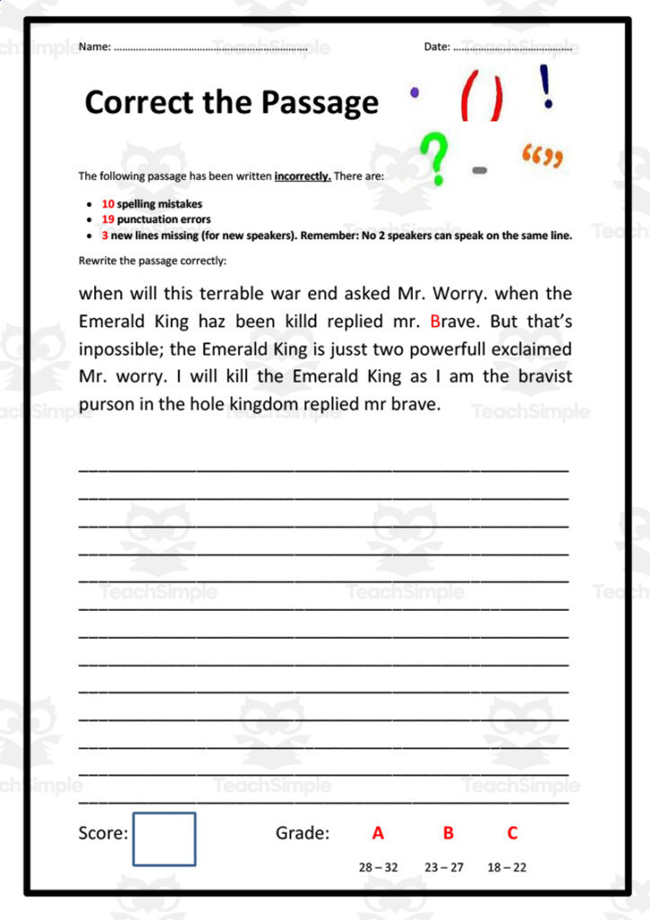 English proofreading worksheet with lines for answers