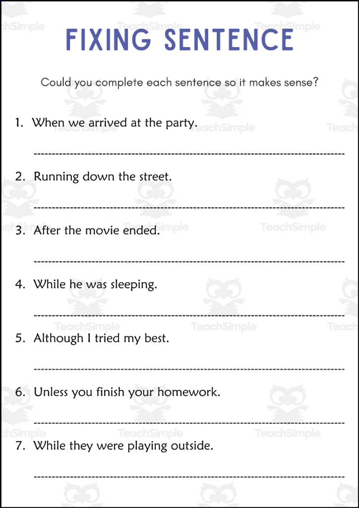 Sentence-fixing worksheet with seven numbered prompts