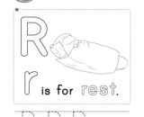 Letter R alphabet worksheet with sleeping child illustration