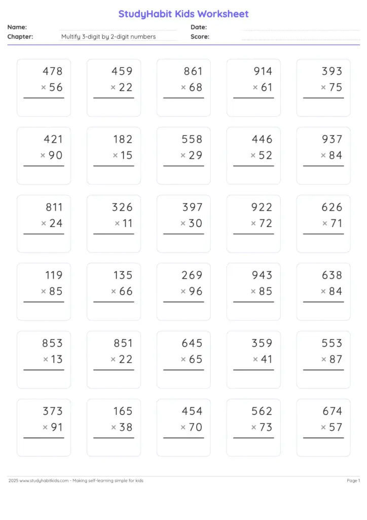 Math worksheet with 3-digit by 2-digit multiplication problems