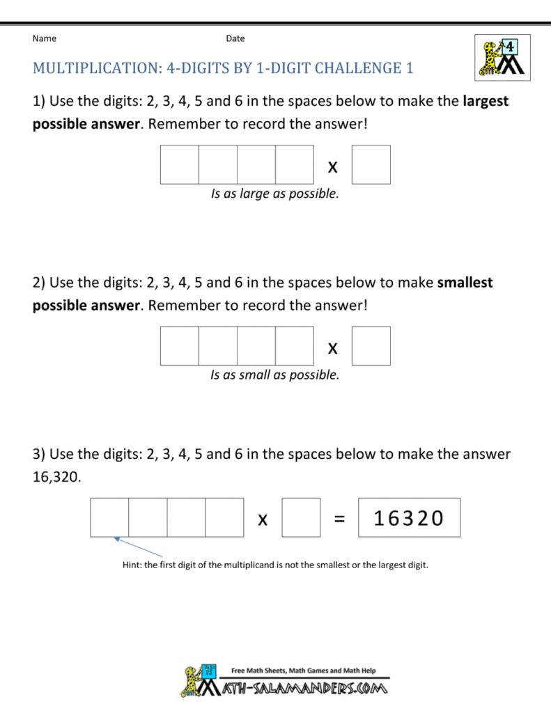 Math worksheet with multiplication problems and blank boxes