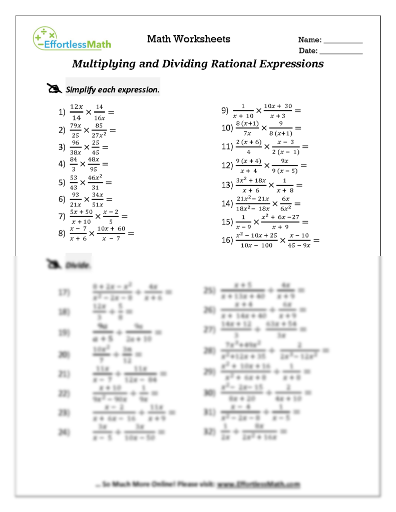 Math worksheet on multiplying and dividing rational expressions