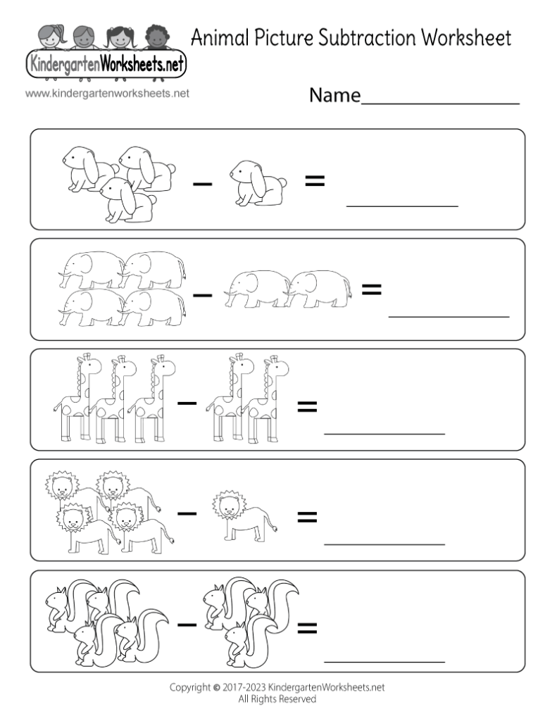 Animal picture subtraction worksheet with blank answer lines