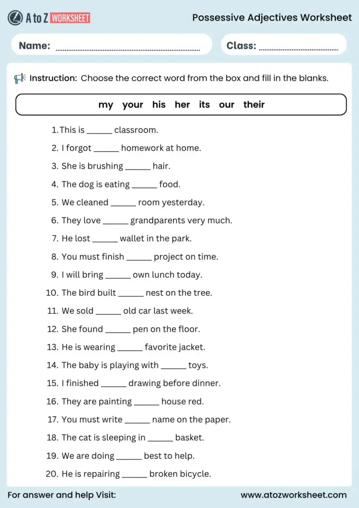 Possessive adjectives worksheet with fill-in-the-blank sentences