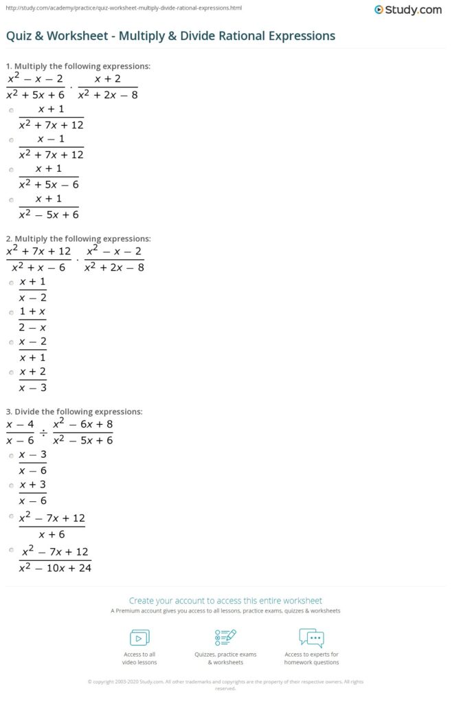 Study.com math worksheet with rational expression problems