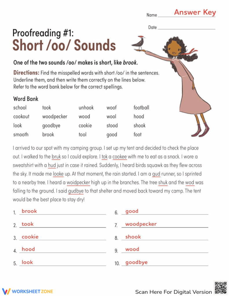 Short /oo/ proofreading worksheet answer key page