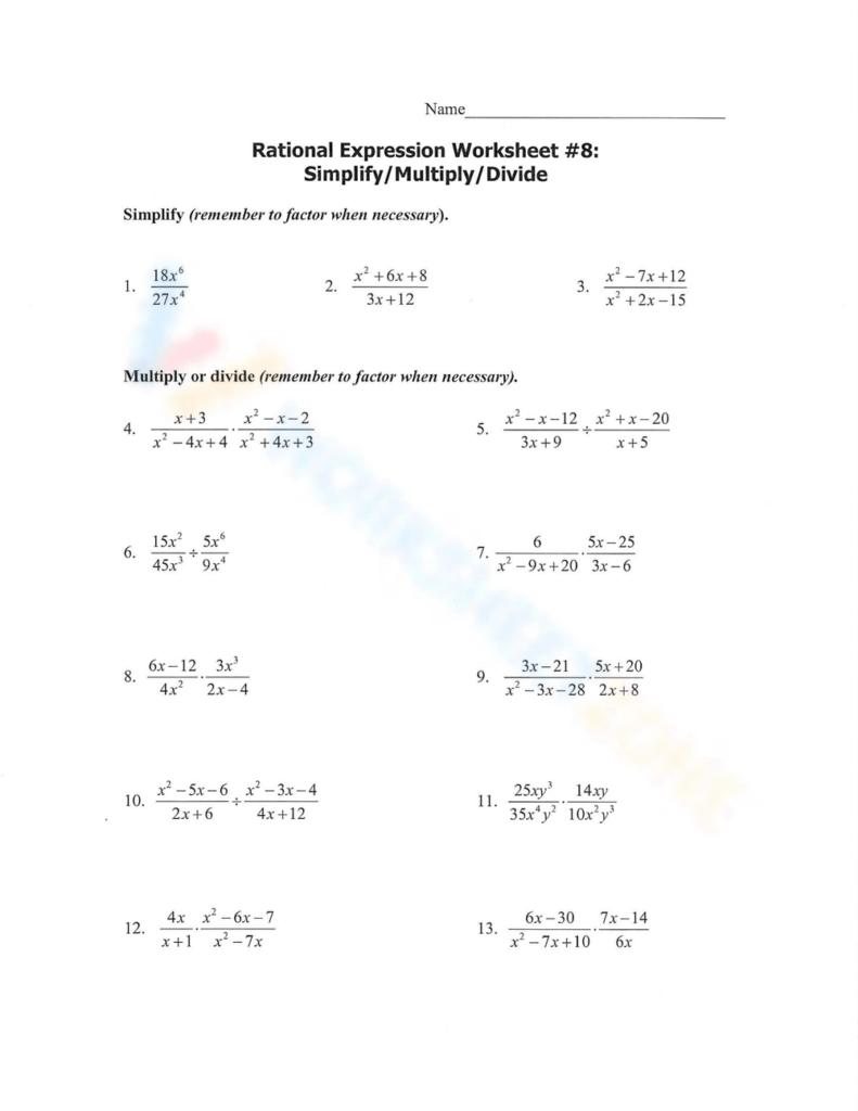 Algebra worksheet with rational expression problems