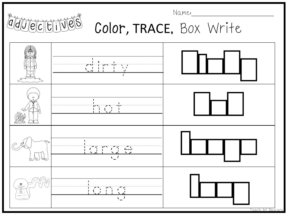 Adjectives worksheet with trace and box writing exercises