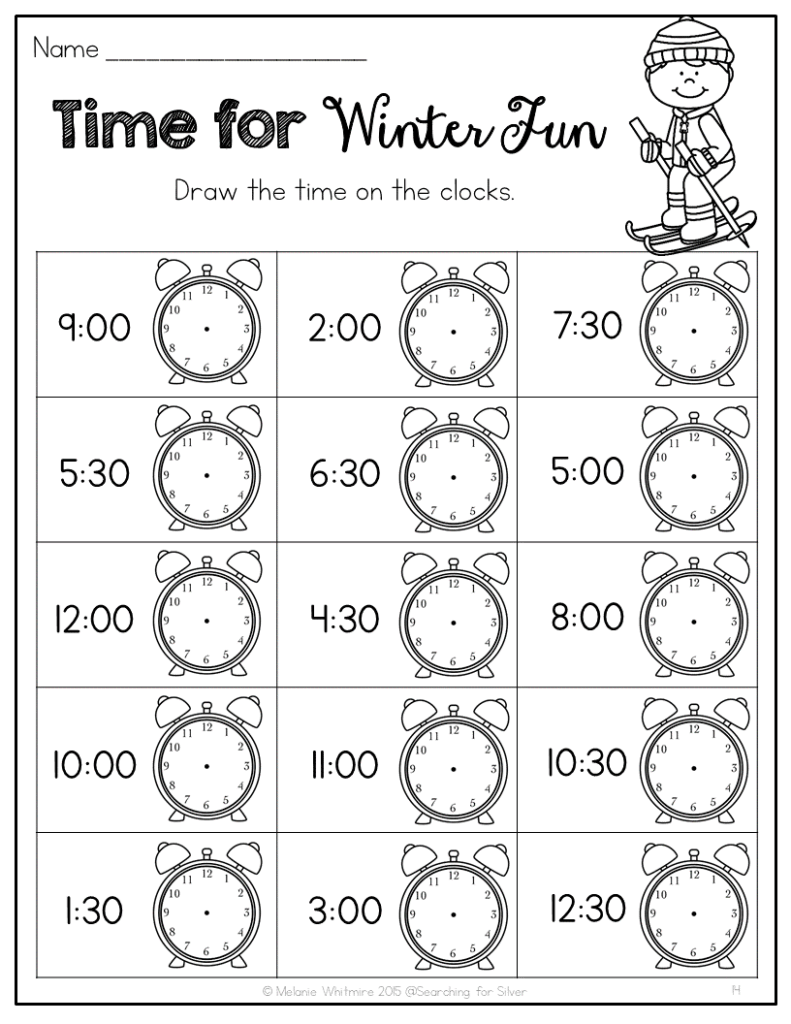 Winter time-telling worksheet with clocks and skier illustration