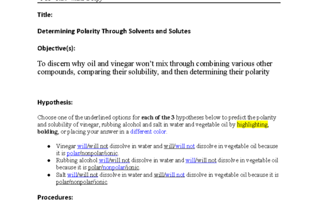 Chemistry lab report worksheet about determining polarity