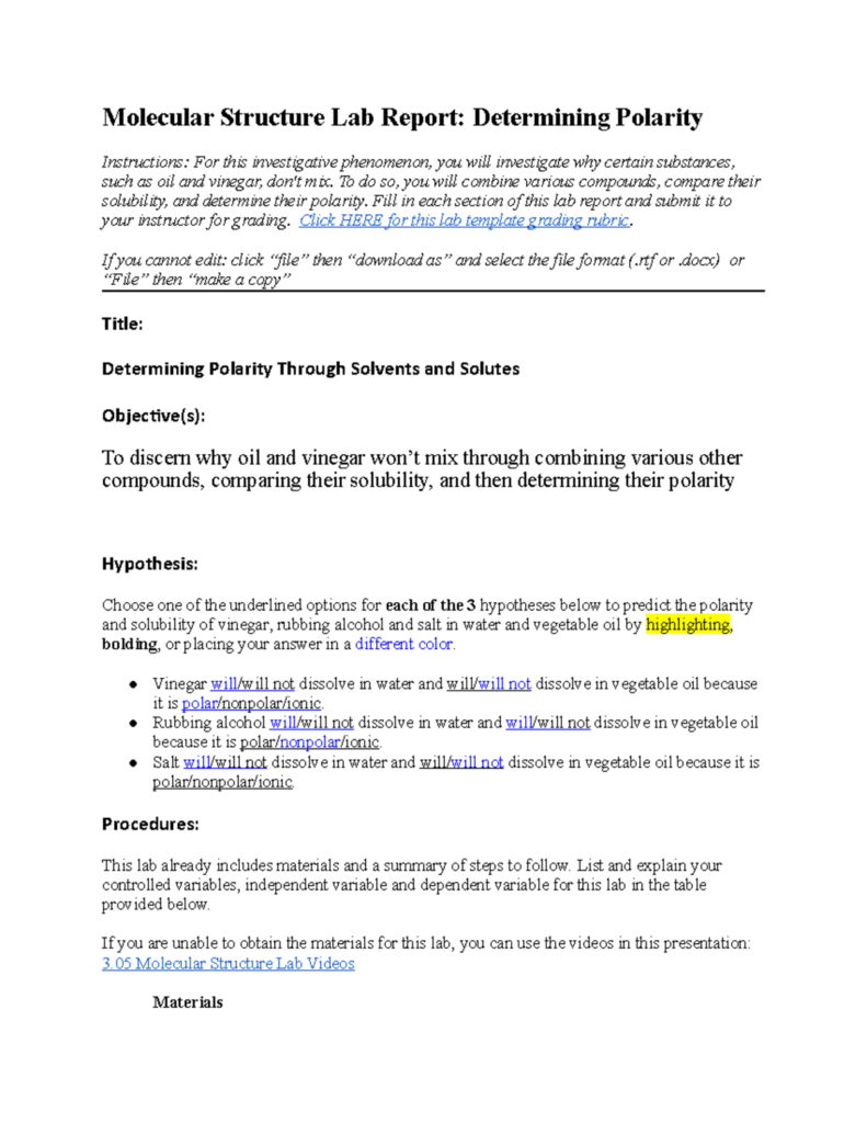 Chemistry lab report worksheet about determining polarity