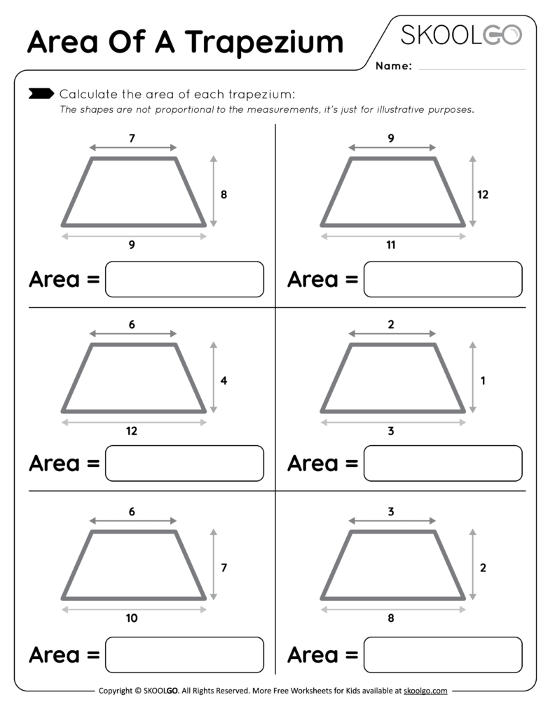 Trapezium area math worksheet with six diagrams