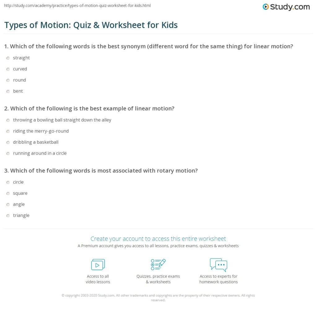 Study.com webpage showing a motion quiz worksheet screenshot