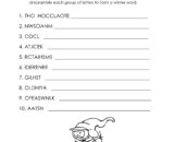 Winter word scramble worksheet with skiing cartoon