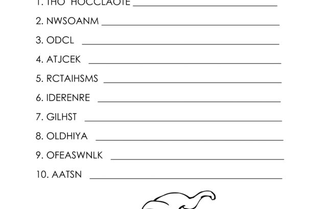 Winter word scramble worksheet with skiing cartoon