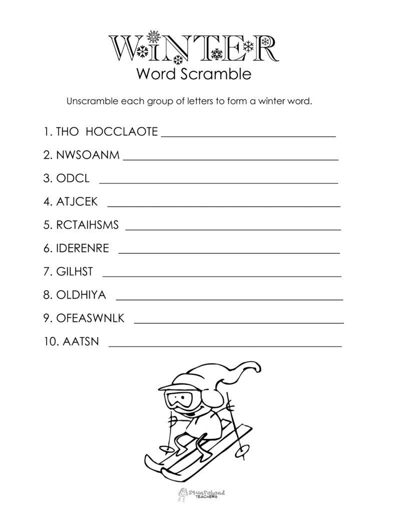 Winter word scramble worksheet with skiing cartoon