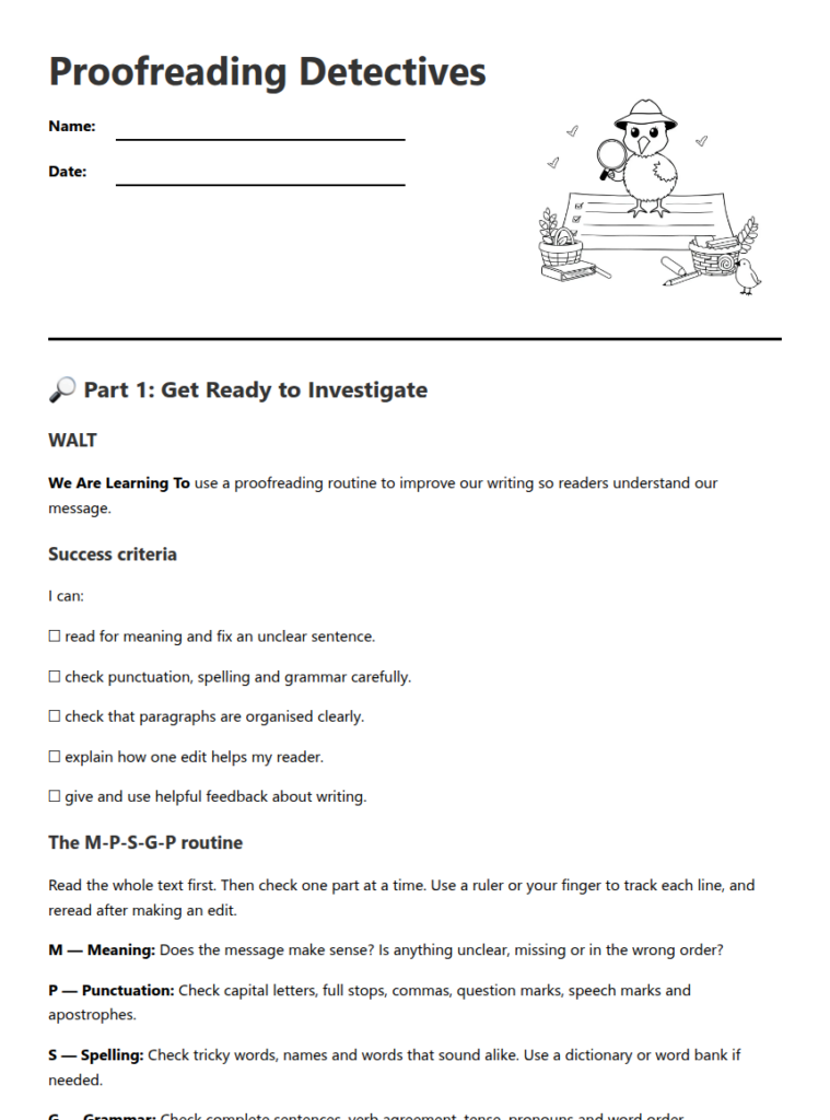 Proofreading Detectives worksheet with owl illustration and text