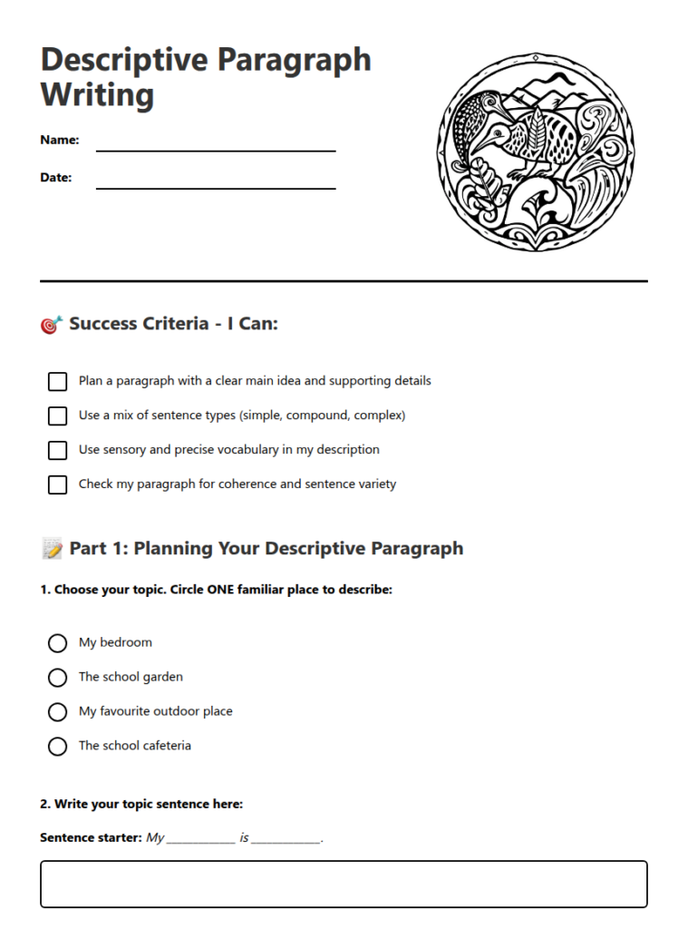 Descriptive paragraph writing worksheet with checkboxes and lines